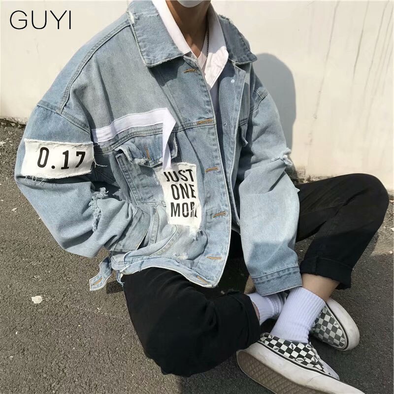 GUYI Retro carta rasgada chaquetas de mezclilla hombres de gran tamaño de manga larga agujero prendas de vestir y abrigos de Streetwear chaquetas de Hip Hop Casual