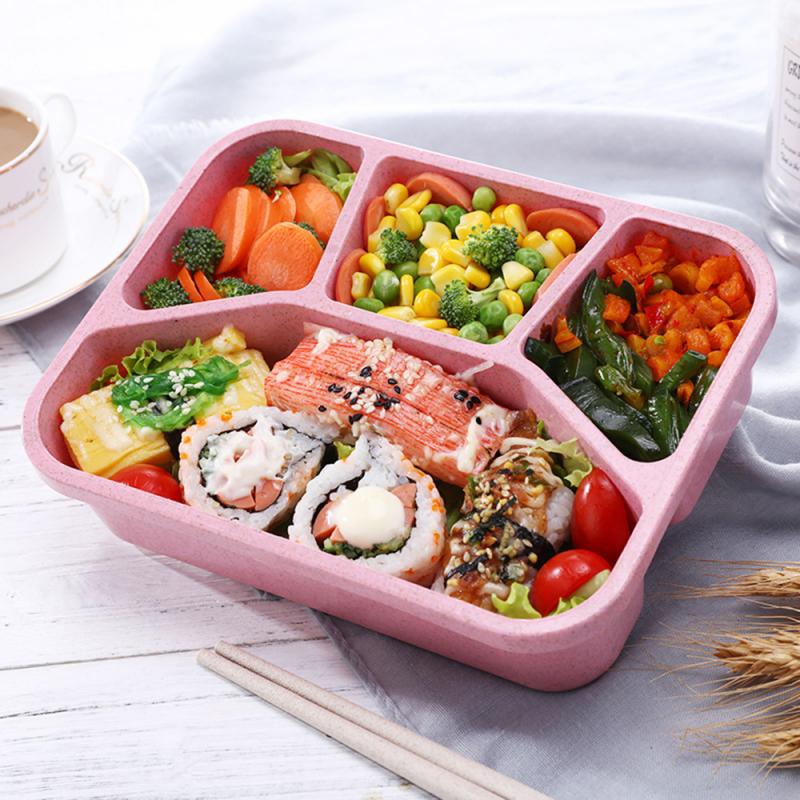 Healthy Material Lunch Box 4 Grid Wheat Straw Bento Boxes Microwave Dinnerware Food Storage Container Lunchbox