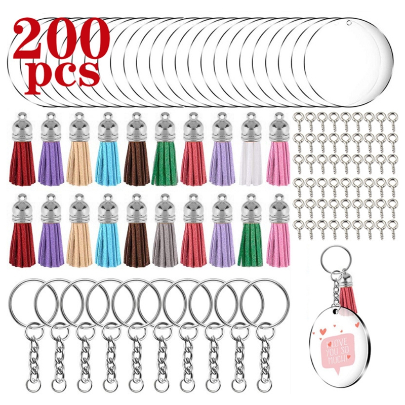 200 Pcs Acryl Sleutelhanger Blanks Kit Met Sleutel Jump Rings Ronde Clear Discs Cirkels Kleurrijke Kwastje Hangers Voor Diy: S