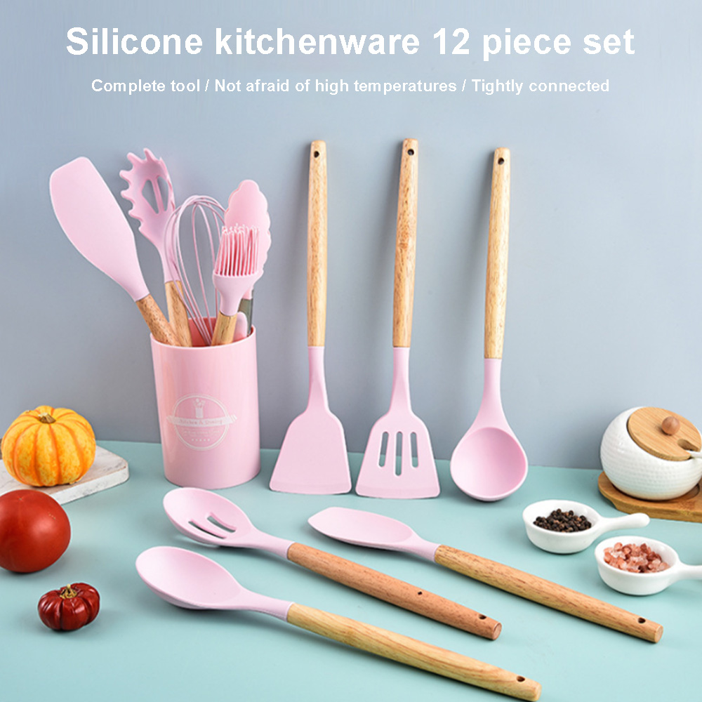 12 Stuks Siliconen Keukengerei Non-stick Kookgerei Keukengerei Set Spatel Schop Eikloppers Houten Handvat Koken Tool set