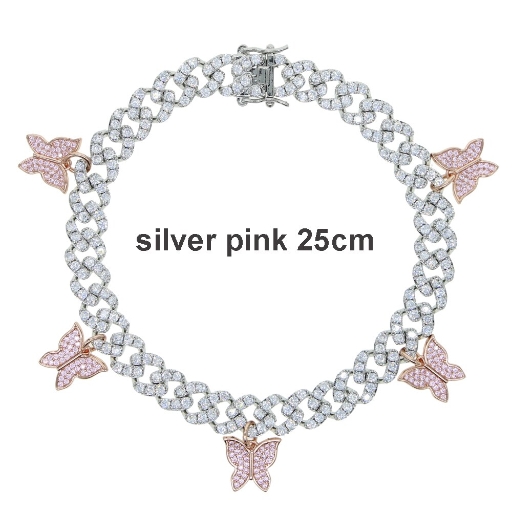 arrived Summer Beach Anklet Foot Leg Jewelry Iced out bling cz cuban chain drip cz butterfly charm anklet jewelry 9" 10": silver pink 25cm