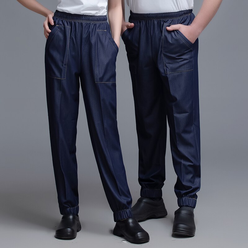 Elastic Waist Chef Pants Stretch Denim Fabric Cook Work Pants Bakery Barber Trousers Food Service Catering Hotel Kitchen Uniform: Blue / 3XL