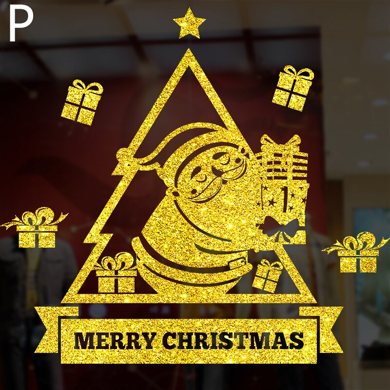Glänzende Gold Weihnachten Baum Fenster Aufkleber Santa Fahrt Weihnachten Girlande Zauberstab Decals Neue Jahr Schaufenster Aufkleber Schneemann Wohnkultur: P