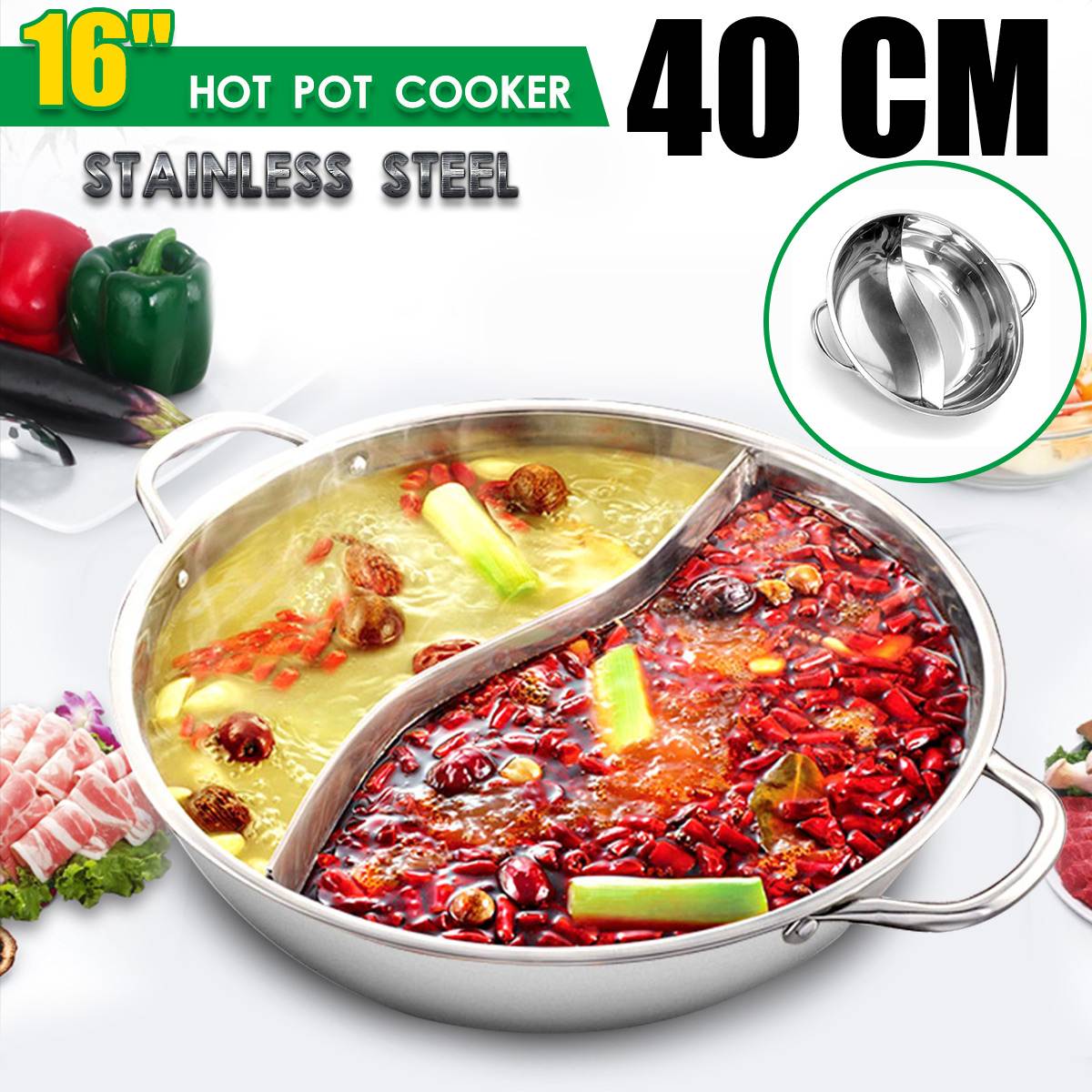 40cm Stainless Steel Dual Pot Cooker Gas Stove Compatible Pot Kitchen Cookware Soup Cooking Pots