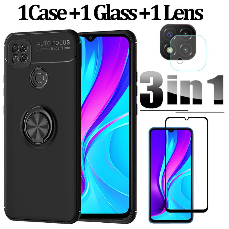 Xiaomi Redmi 9 C Globale M2006C3MG Mit Finger Ring Telefon hülle redmi 9c + schutz glas Redmi 9 C Silikon handyhülle Redmi 9C NFC Fall: 3in1 zurück Fall