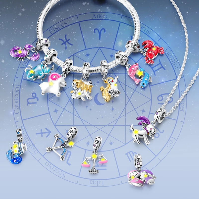 Signos do zodíaco encantos originais 925 prata esterlina brilho no escuro pingentes contas caber pulseira diy jóias presente de aniversário para mulher