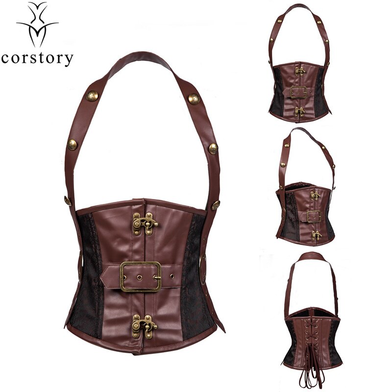 Corstory Retro Brown Leather&Brocade Steel Boned Halter Steampunk Underbust Gothic Underbust Corset Belt Waistcoat: L