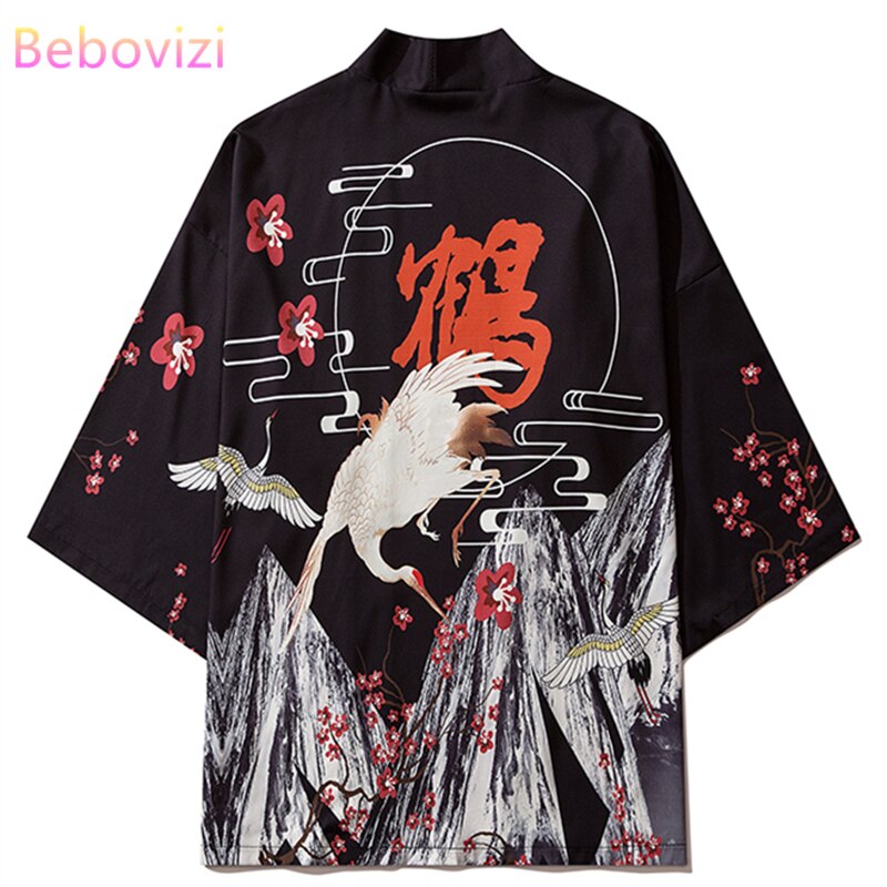 Kimono traditionnel pour hommes et femmes, Cardigan, vêtements asiatiques, manteau de plage décontracté, Yukata, chemise ample, imprimé grue, Kimono japonais