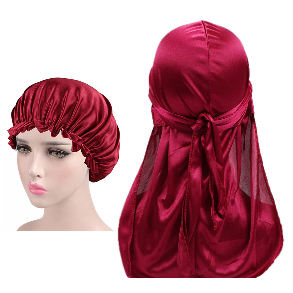 Silkemyk durag og pansersett for menn og kvinner langhale du-rag waves cap turban: Vinrød