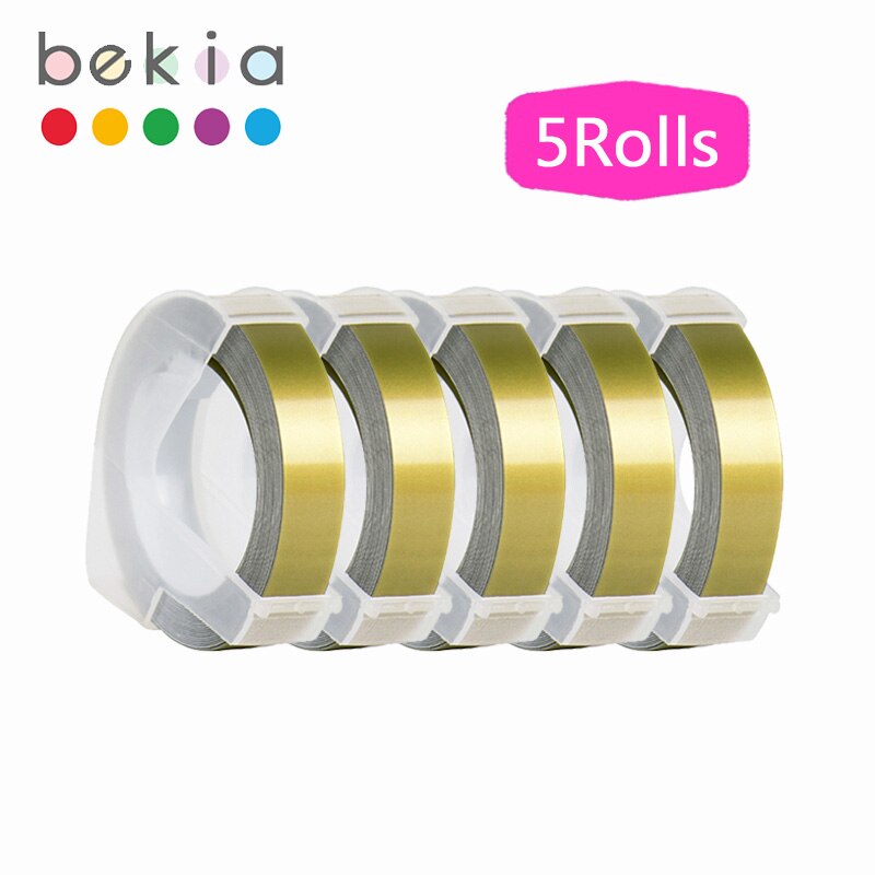 5 rolek 9mm 3D tłoczenie taśmy etykietowe kompatybilny Dymo drukarka etykiet do maszyn do pisania i taśmy do Dymo 1540 1880 1610 12965 Motex E101 202: White on Gold