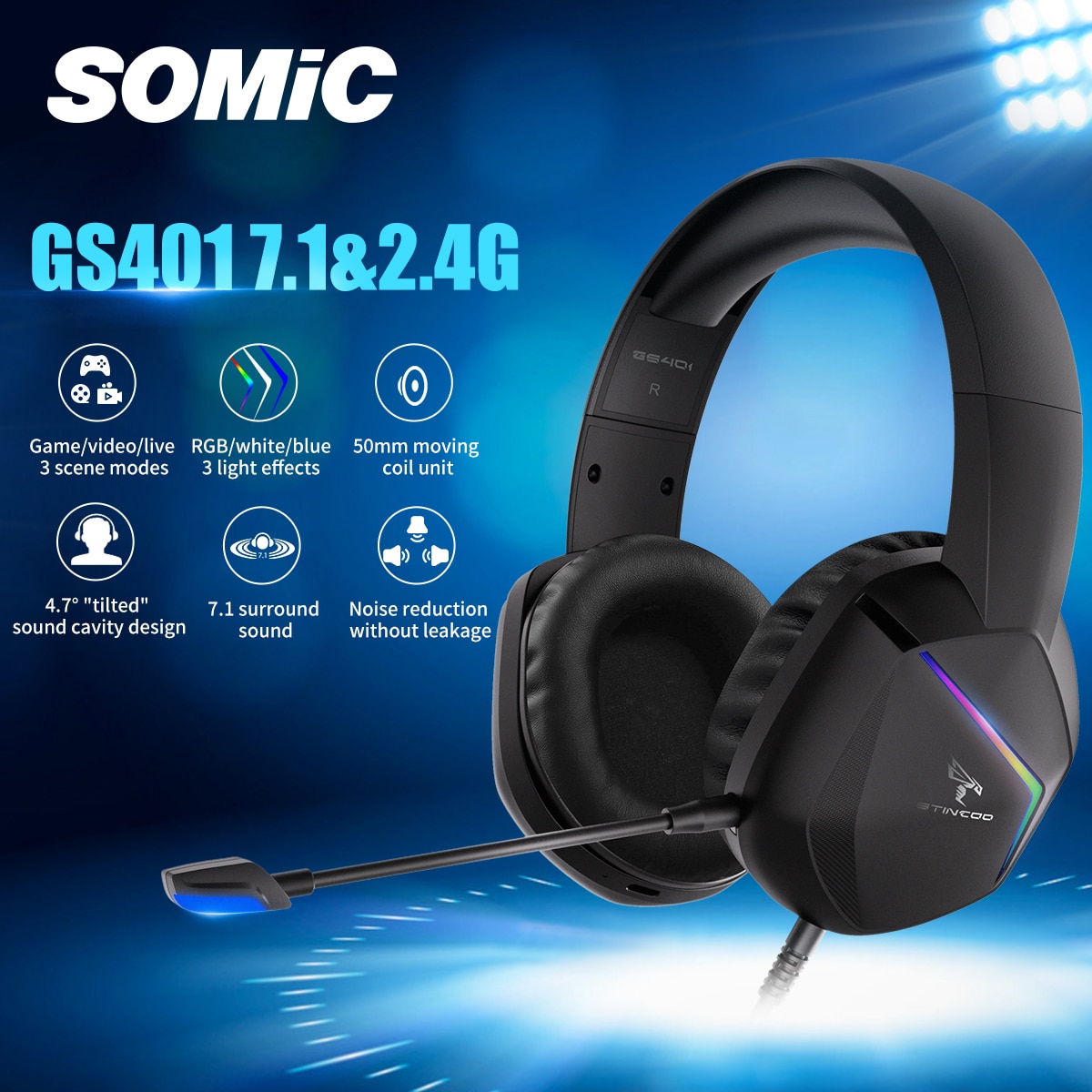 SOMIC Gaming Headset Game/Video/Live 3 Modes LED Headphones 7.1 Surround Sound Wireless/Wired for PC, Mac, Phone, Tablet GS401