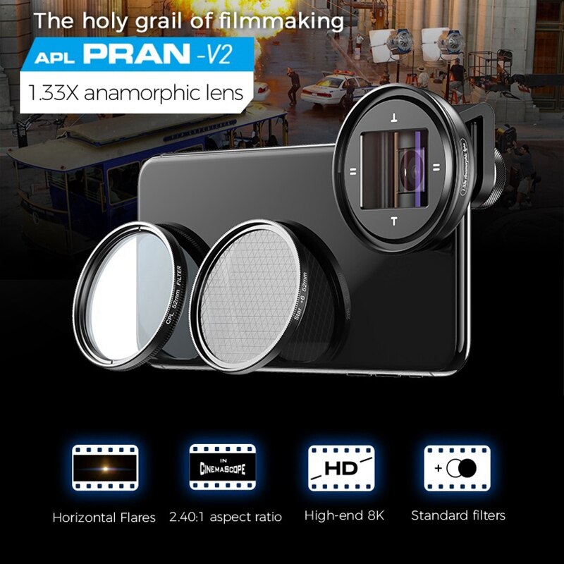 Apexel 1.33X Anamorphic Mobiele Lens 4K Uhd Breedbeeld Film Lens Vlog Vervorming Lenzen Voor Iphone Samsung Smartphones