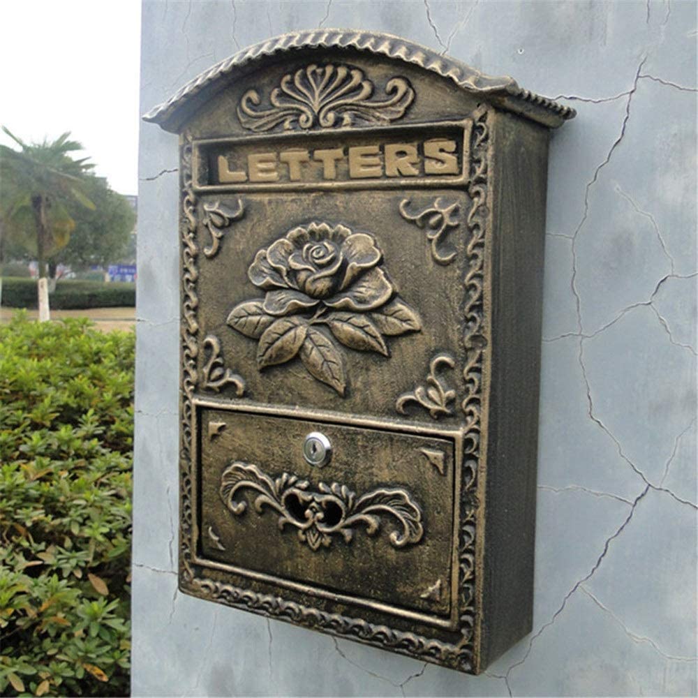 Locking Wall Mounted Mailbox - Bronze Vintage Aluminum with Rose Residential Secure Locking Mail Letter Box