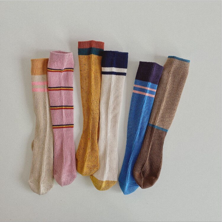 Herfst Winter Retro Kinderen Lange Sokken Patchwork Kleur Unisex Kinderen Gebreide Sokken 6 Pairs