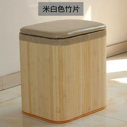 Massivt træ bambus opbevaringsskammel osmannisk multifunktionel dør side køkken fodskammel bænk pu blødt sæde organisation kurv kasse: Beige-l