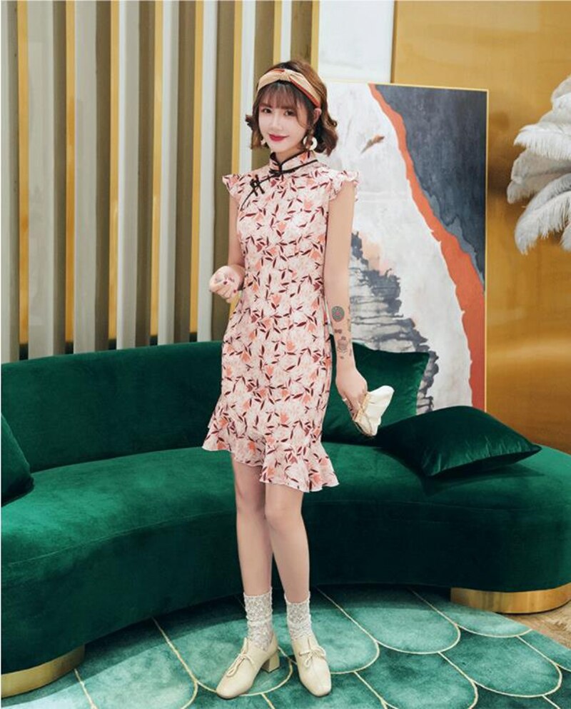 Linda chica cheongsam de gasa corto de cola de pescado de cheongsam falda chica joven slim estilo chino de diario boda Qipao