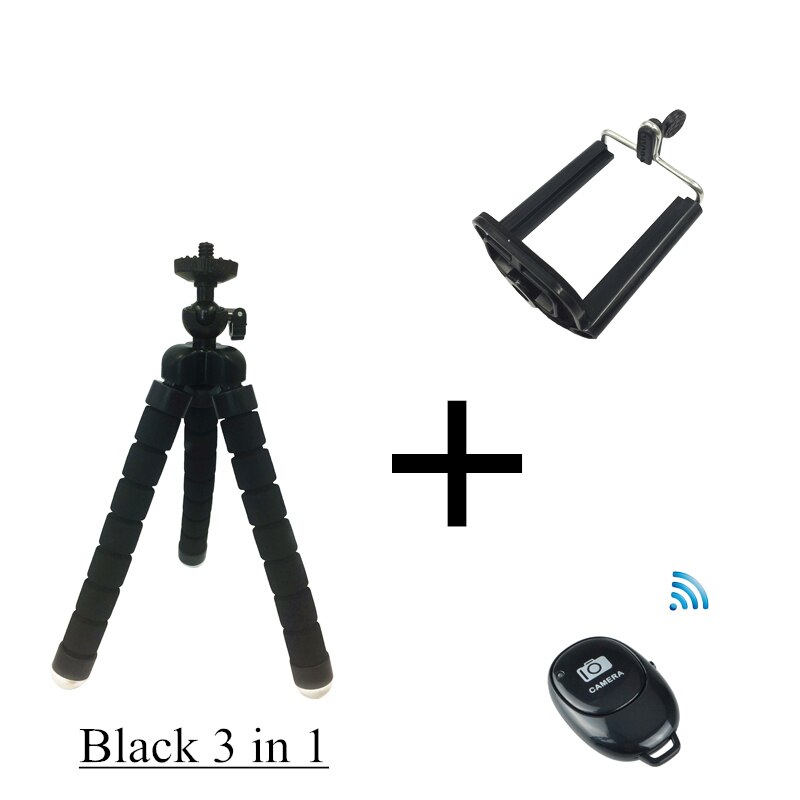 GAQOU Tripod + Clip Stand Mini Flexible For Camera Mobile Phone Holder Stand Flexible Octopus Sponge Tripod Bracket with Remote: Black 3 in 1