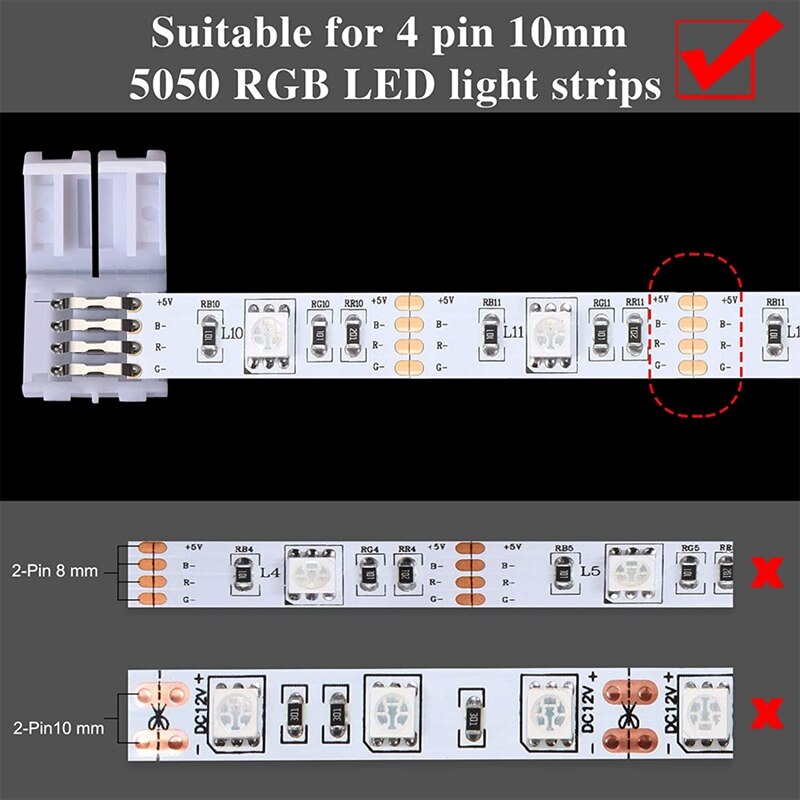 YO-LED Strip Lights Connectors 4-Pin RGB Strip Lights Connectors T-Shape Solderless LED Connectors For 5050 RGB Strip Light