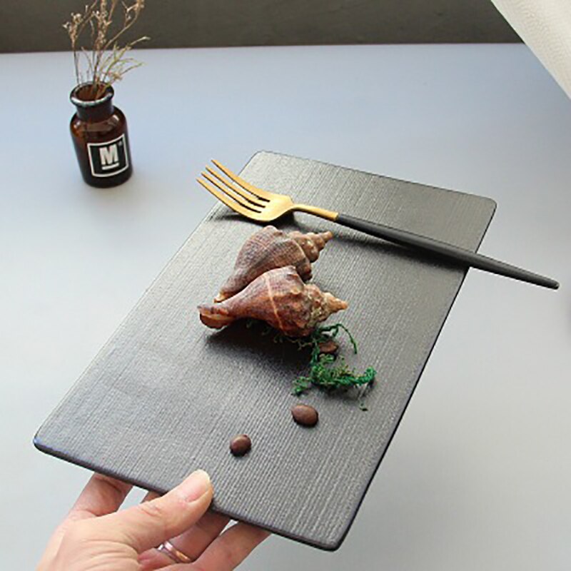 Vajilla de cerámica, platos cuadrados rectangulares, plato de Sushi, pastel, carne, barbacoa, negro especial occidental, olla japonesa, plato plano 1229