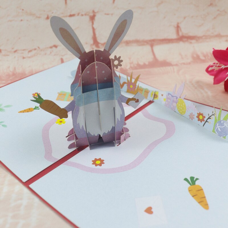 3D Handmade Cartoon White Bearded Rabbit with Carrot Happy Easter Paper Greeting Cards PostCard Children Party Invitation