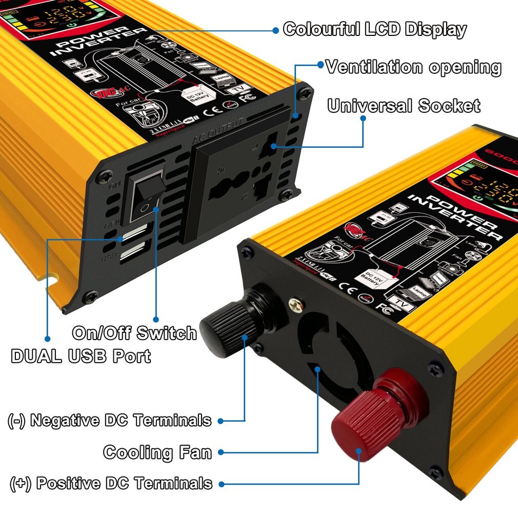 6000w 12v to 220v/110v smart display bil strøm inverter konverter adapter dobbelt usb spænding transformer modificeret sinusbølge