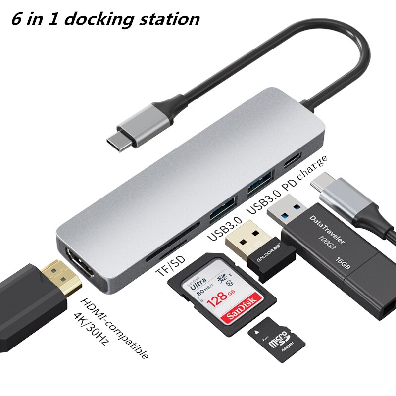 Thunderbolt Thunderbolt 3 4 In1 USB-C Om Hdmicompatible Adapter 2x USB3.0 Type-C Pd Hub Voor Huawei P20 Pro samsung Dex Galaxy S9: 6 in 1 gray With PD