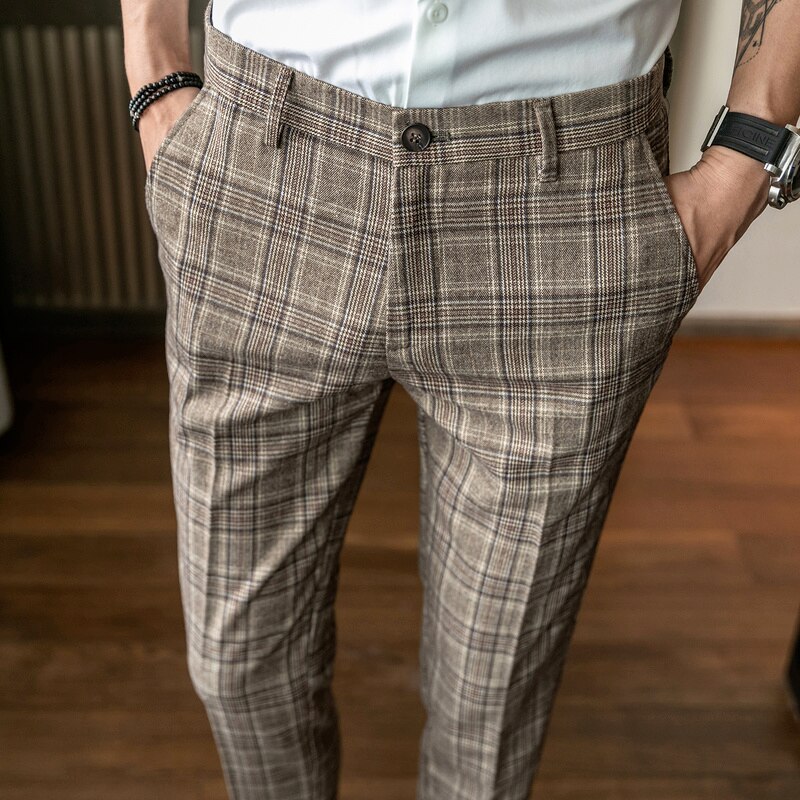 British Formal Suit Pants Men's Brown Classic Plaid Suit Pants Men's Casual Business Slim Office Work Pants Pants