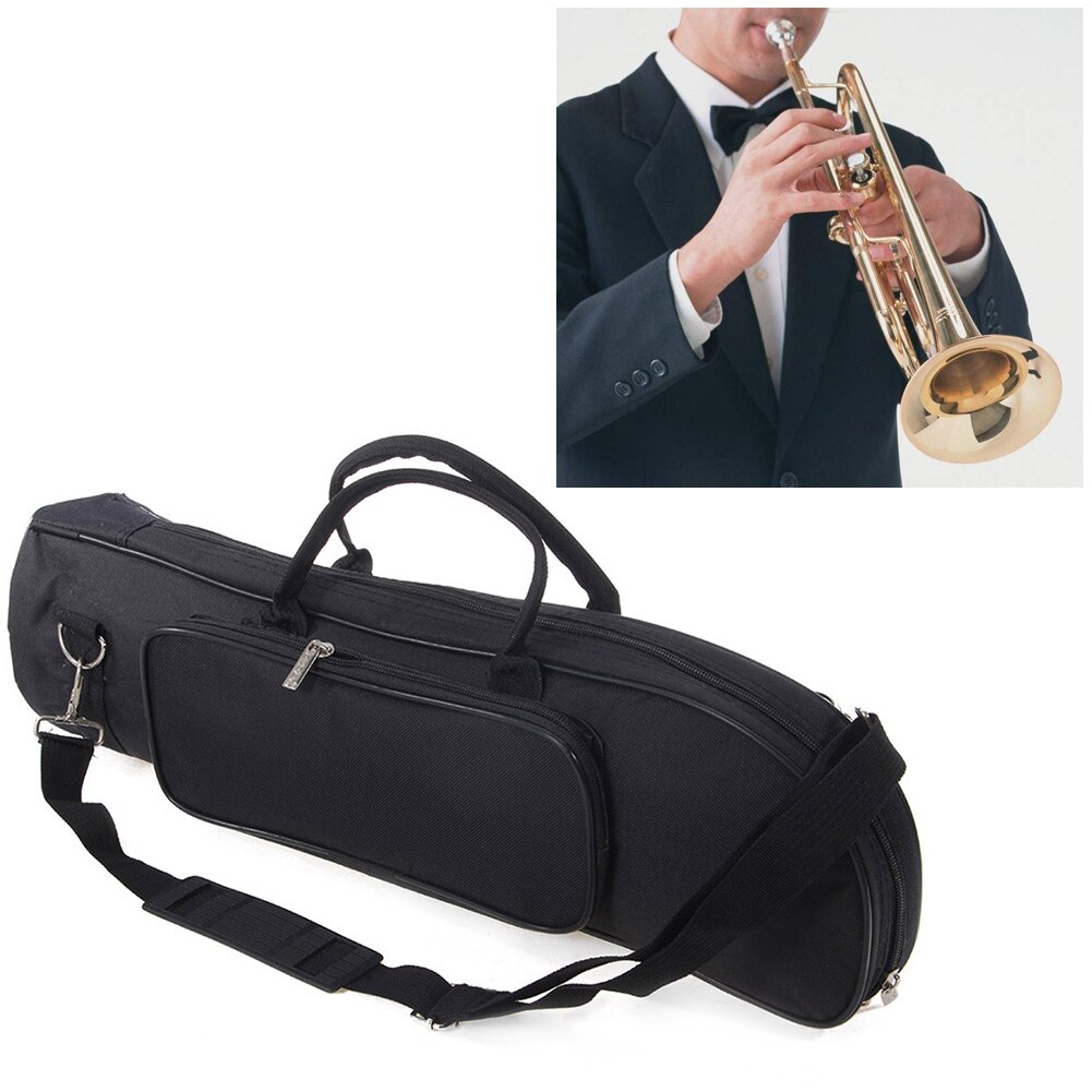 Trumpet Bag Oxford Cloth With Pocket Waterproof Wind Instrument Gig Package Storage Case Adjustable Strap Black