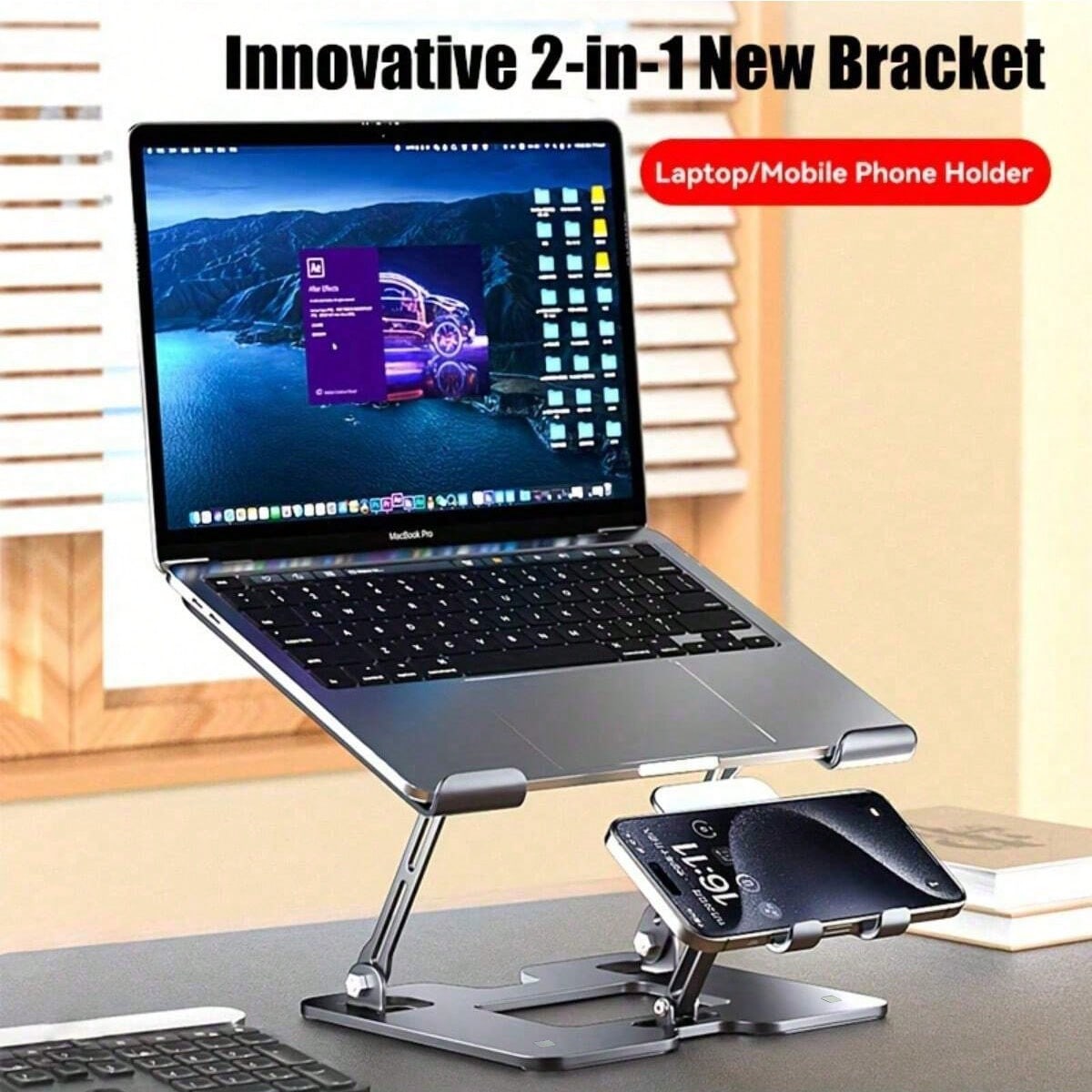 Support réglable pour ordinateur portable et tablette 2 en 1 qui pouvant accueillir des smartphones et des ordinateurs portables. Coussin de refroidissement pliable en acier au carbone