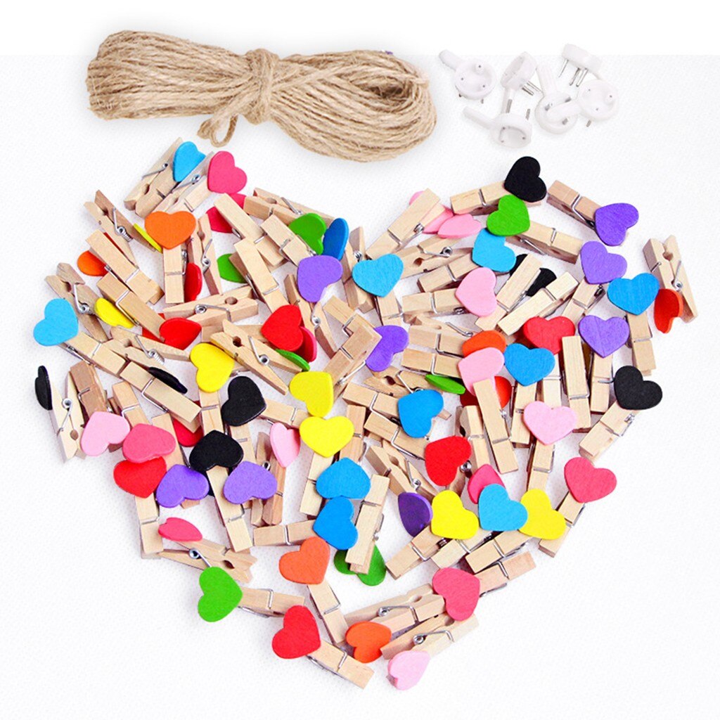 50Pcs Liefde Hart Kleine Houten Wasknijper Craft Clips Diy Foto Kaarten Peg Hart Clips Multicolor Pastorale Hart Kleine Houten: Default Title