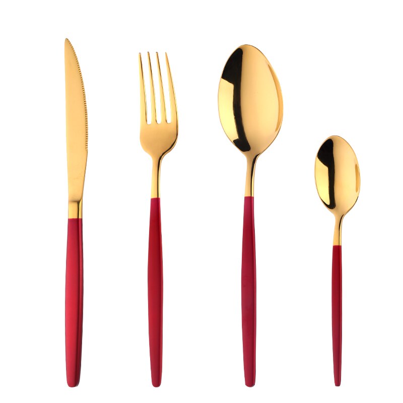 Juego de cubiertos de lujo de acero inoxidable, cuchillos, tenedores, cucharas, cubiertos de comida, mango rojo, pulido dorado, 4-24 Uds.: 1 set (4pcs) / red gold