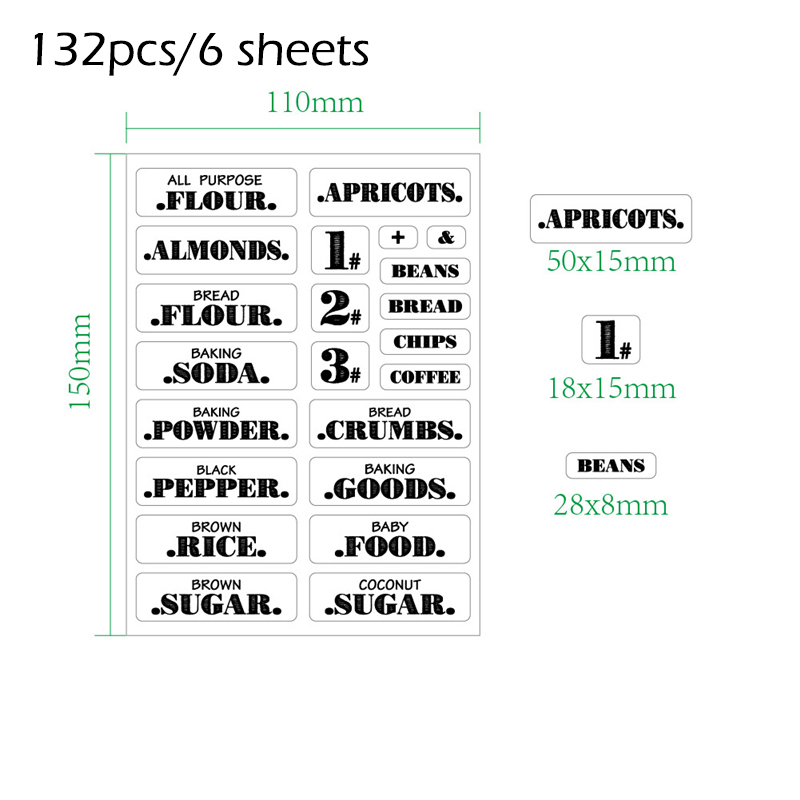 132pcs/144pcs Kitchen Jars Bottle Container Label Various Shapes Food Label Clear Stickers Can Storgae Box Item Mark 6/8 Sheets: 132pcs
