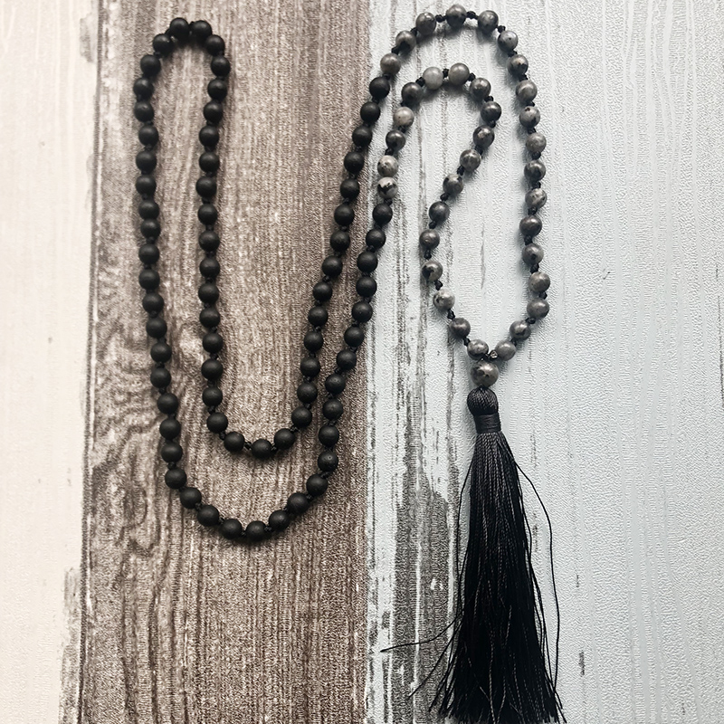 6mm Gebetskette Mala Quaste Schmuck Schwarz Onyx Und Labradorit Perlen Buddhistischen Halskette 108 Perlen Geknotet Boho Halskette Für männer