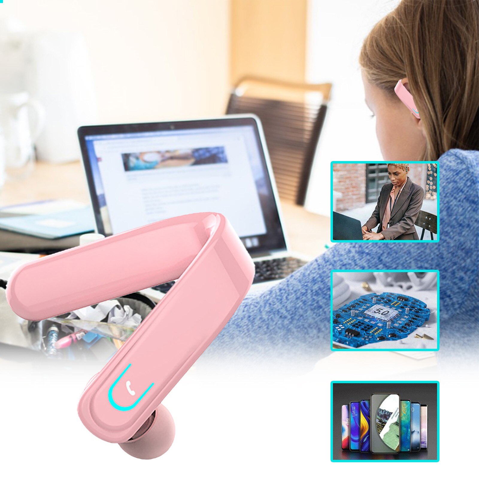 YX18 Business Enkele Headset Stereo In-Ear Lange Oor Bluetooth In-Ear Standby Bluetooth Headset: Pink