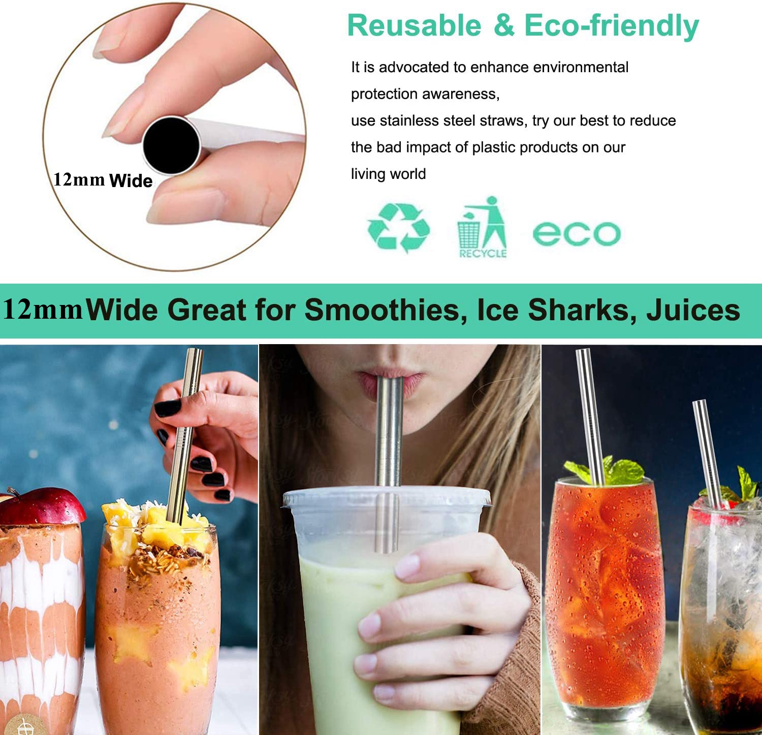 Large 12mm Bubble Tea Milkshake Straw Reusable Metal Straw 304 Stainless Steel Drinking Straws Set Bar Boba Straight Straw Tubes