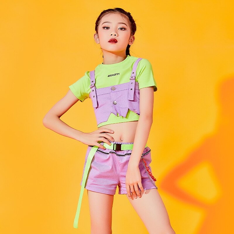 Ropa de baile de Jazz para niñas, Tops, pantalones cortos de manga corta, traje de Hip-Hop, urbana moderna, puesta en escena, DNV14771, nueva