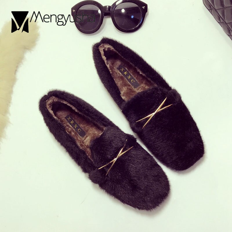 hairy mules square toe metal decoration slip on loafers women falling winter plush flats fur creepes moccasins schoenen vrouwC77: Black / 9