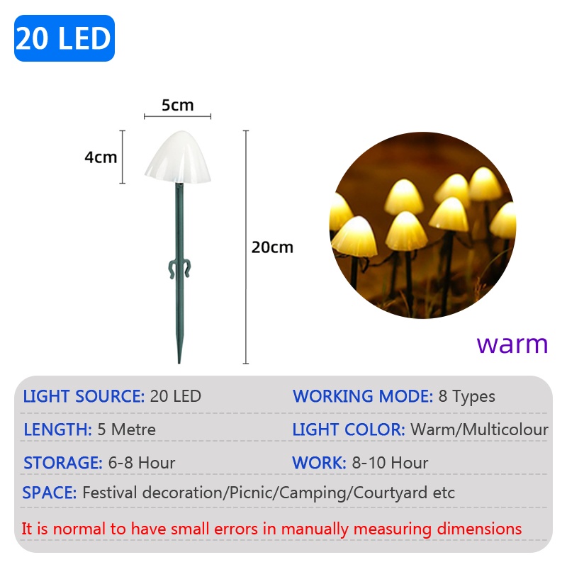 Lámpara LED solar para césped con forma de seta, impermeable, para exteriores, 8 modos, camino de hadas, paisaje, patio, terraza, jardín, cadena de luces decorativas: Color blanco cálido