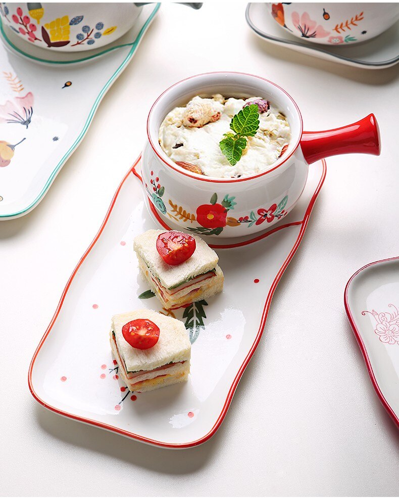 Plats de petit déjeuner créatifs avec la poignée bol en céramique ins vaisselle mignonne