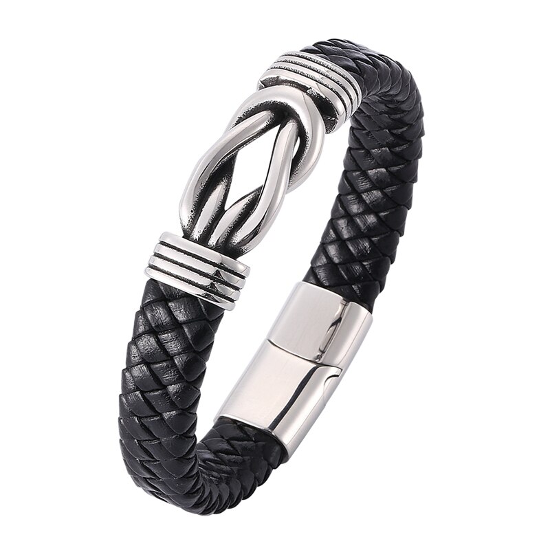 FORTAFY Leather Bracelets for Men Black Braided Bracelet Stainless Steel Clasp Wristband Male Jewelry FRPW803