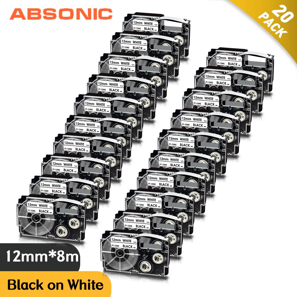 Absonic 20PK 12mm XR12WE Label Tape Compatible for CASIO XR-12WE Black on White Raplace for Casio KL-60 KL-60SR Label Makers
