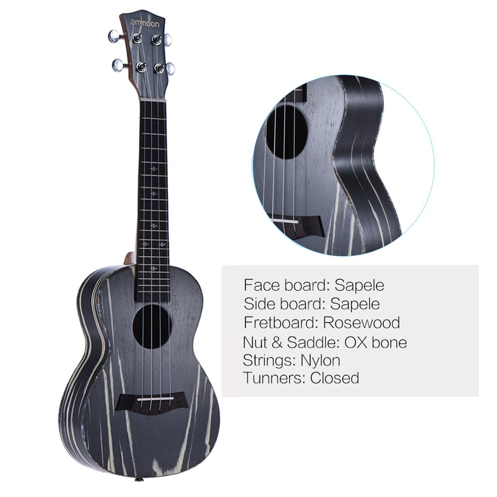 ammoon 24" Ukulele Acoustic Soprano Ukelele Uke18 Frets 4 Strings Okoume Neck Rosewood Fretboard String Instrument Musical: Light Grey