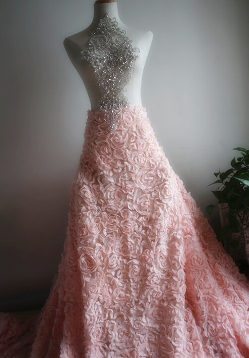 1 yard 3D chiffon rosette lace fabric, light pink color 3D rose pleated ruffled lace fabric for bridal wedding dress