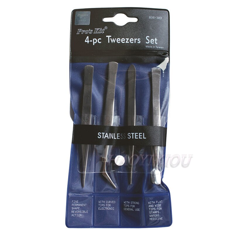 Pro'skit 4 Roestvrijstalen Pincet Set 808-389 Wees Platte Snavel Elleboog Rebound Tip Non-Magnetische Klem Hand tool
