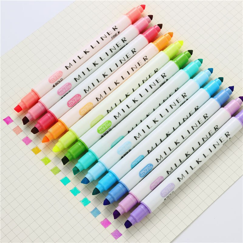 12 kpl/setti mildliner samantyyppinen korostuskynä paperitarvikkeet kaksipäinen fluoresoiva tussikynä 12 väriä merkkikynä söpö maitopaperi