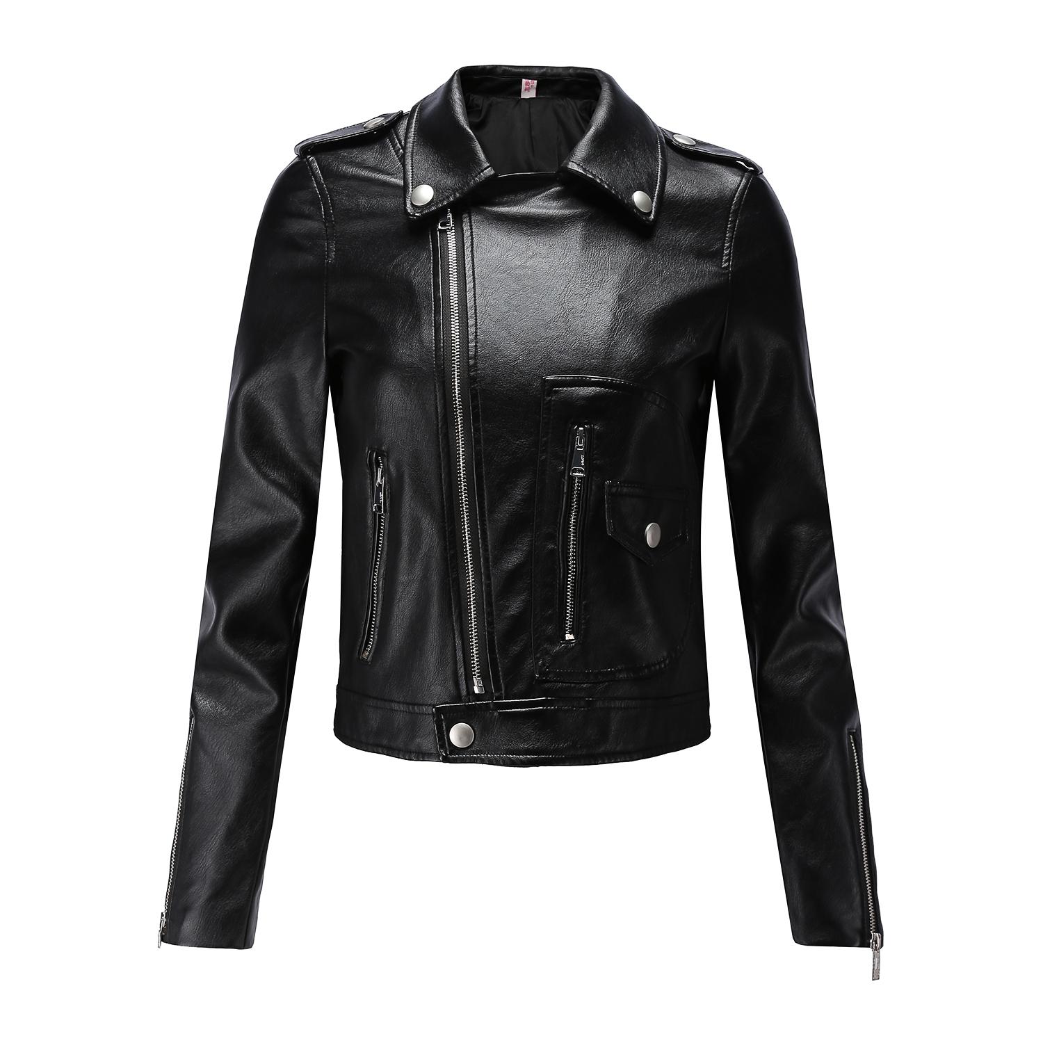 Ftlzz Vrouwen Motorfiets Pu Leren Jas Winter En Lente Zwart Rood Faux Lederen Jas Turn Down Collor Lady Bovenkleding: Black / L