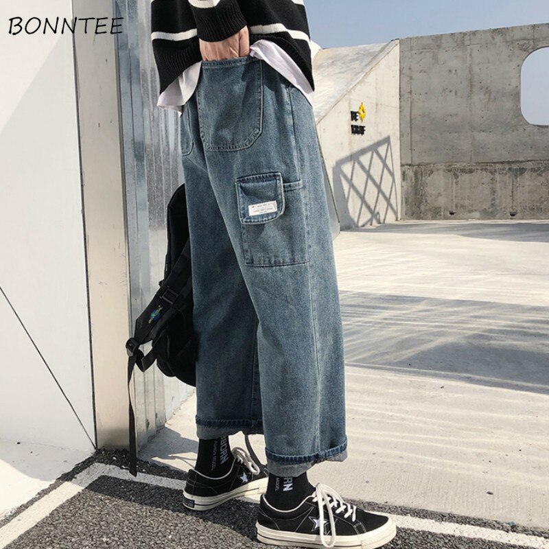 Jeans herr vida benfickor solid dragkedja plus storlek 3xl ankellång herr harajuku trendiga streetwear ulzzang par löst chic
