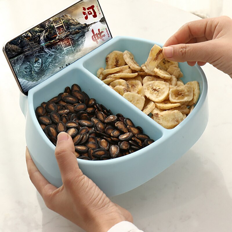Plastic Fruit Plate Dish for Nuts Dry Fruits Lazy Snack Bowl Melon Seeds Candy Storage Box Organizer with Phone Holder