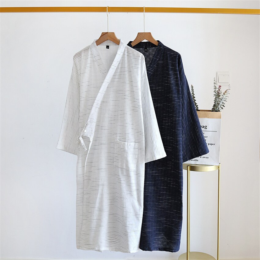Men 2022 Japanese Style Kimono Cotton Bathrobe Spring Summer Vintage Striped Pajamas Casual Loose Long Sleeve Homewear