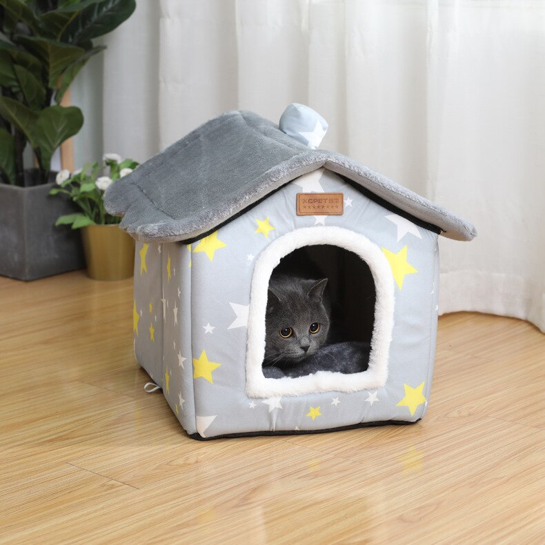 Maison de chat amovible avec tapis de dessin animé, maison de chien, , confortable, lit grotte de luxe, fournitures pour animaux de compagnie: gray / 46cmXcmX40cm
